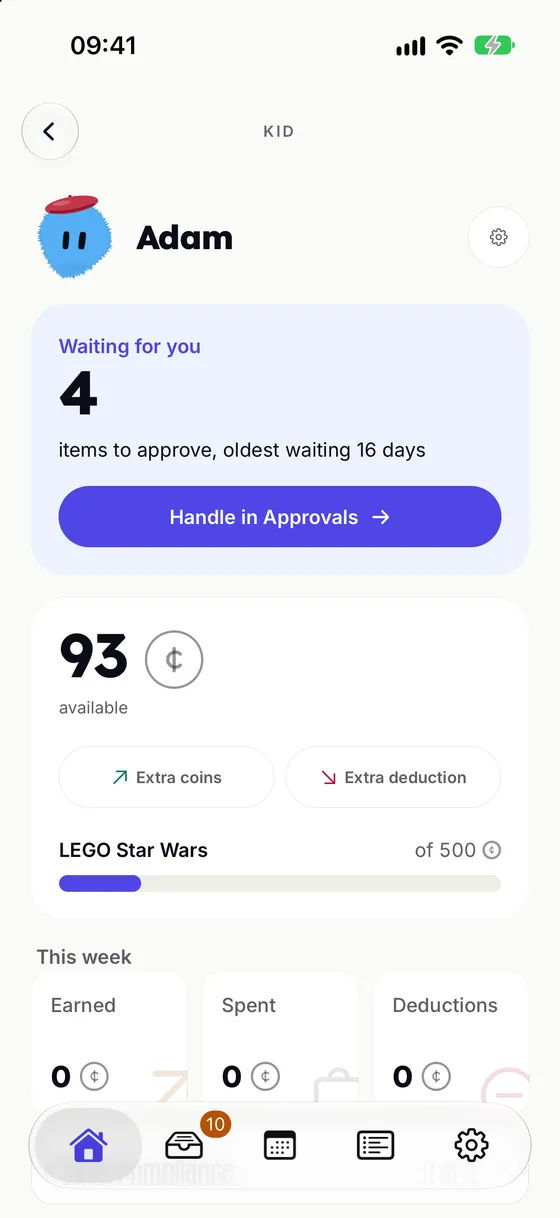 JARVIS app: the parent sees Adam's balance, items to approve and the goal he saves for